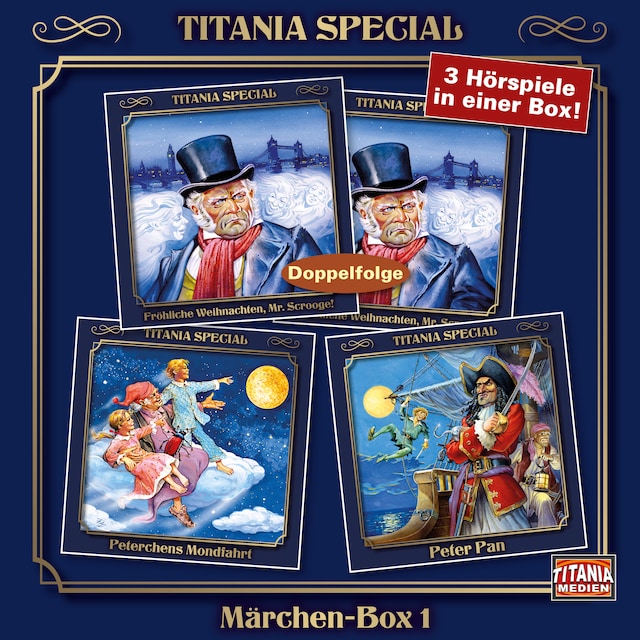 Couverture de livre pour Titania Special, Märchenklassiker, Box 1: Fröhliche Weihnachten, Mr. Scrooge!, Peterchensmondfahrt, Peter Pan