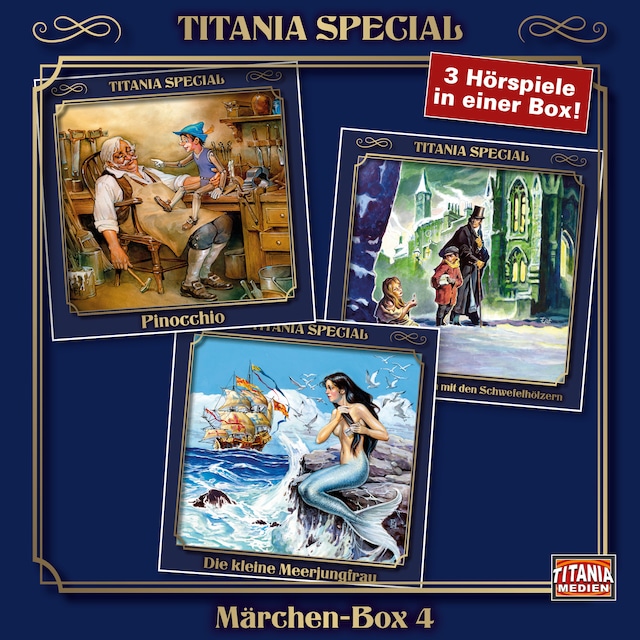 Couverture de livre pour Titania Special, Märchenklassiker, Box 4: Pinocchio, Das kleine Mädchen mit den Schwefelhölzern, Die kleine Meerjungfrau