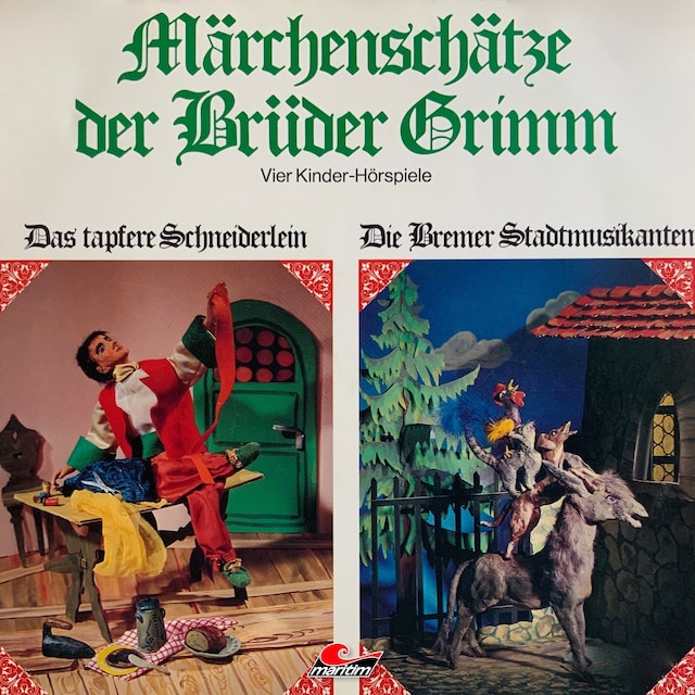 Book cover for Märchenschätze der Brüder Grimm, Folge 2: Das tapfere Schneiderlein, Die Bremer Stadtmusikanten, Der gestiefelte Kater, Schneeweißchen und Rosenrot