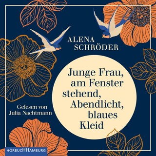 Junge Frau, am Fenster stehend, Abendlicht, blaues Kleid als Hörbuch