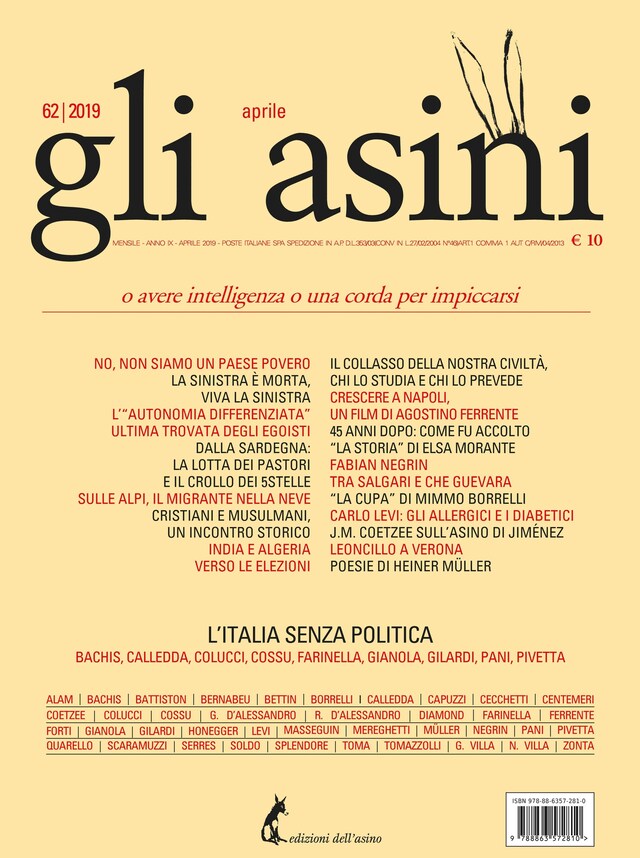 Book cover for “Gli asini” n. 62, aprile 2019