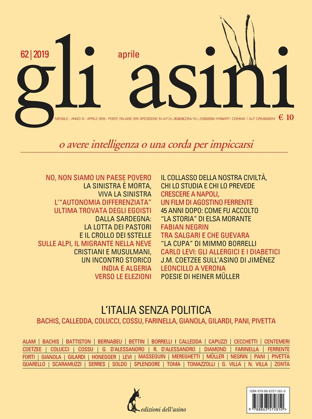 Buchcover für “Gli asini” n. 62, aprile 2019