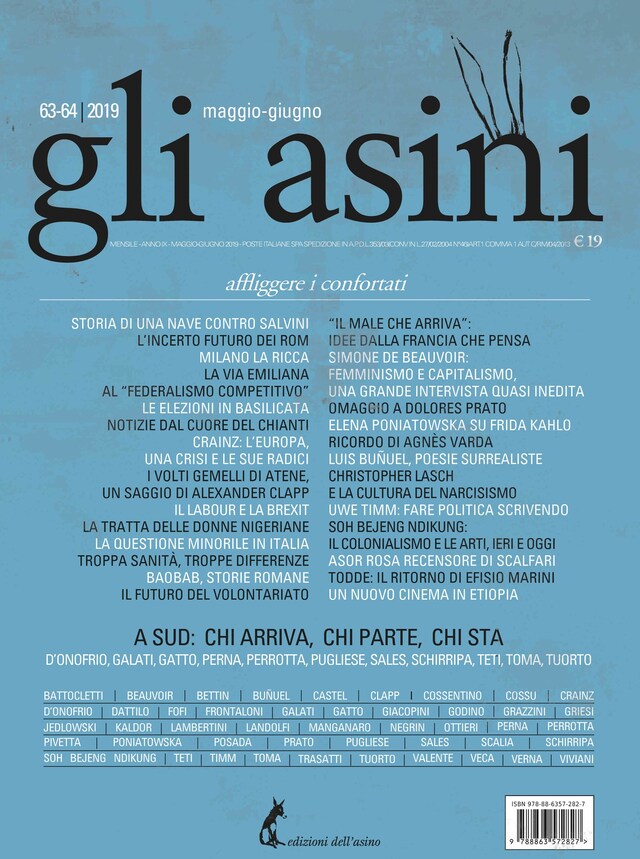 Book cover for “Gli asini” n. 63-64, maggio-giugno 2019