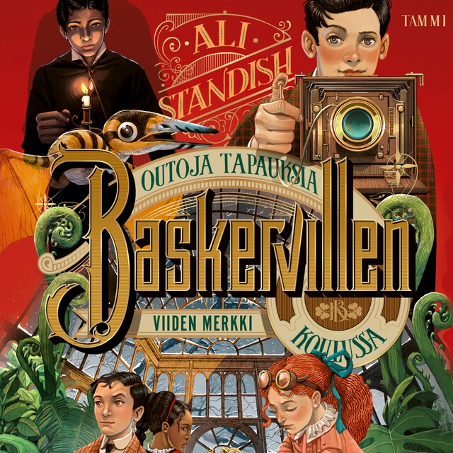 Boekomslag van Outoja tapauksia Baskervillen koulussa. Viiden merkki