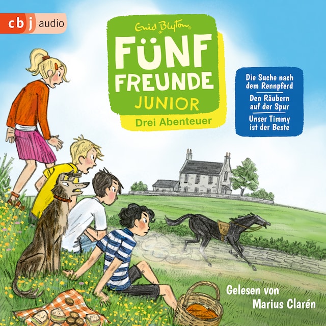 Buchcover für Fünf Freunde JUNIOR - Drei Abenteuer - Die Suche nach dem Rennpferd. Den Räubern auf der Spur. Unser Timmy ist der Beste