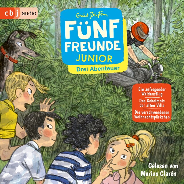 Buchcover für Fünf Freunde JUNIOR - Drei Abenteuer - Ein aufregender Waldausflug. Das Geheimnis der alten Villa. Die verschwundenen Weihnachtspäckchen