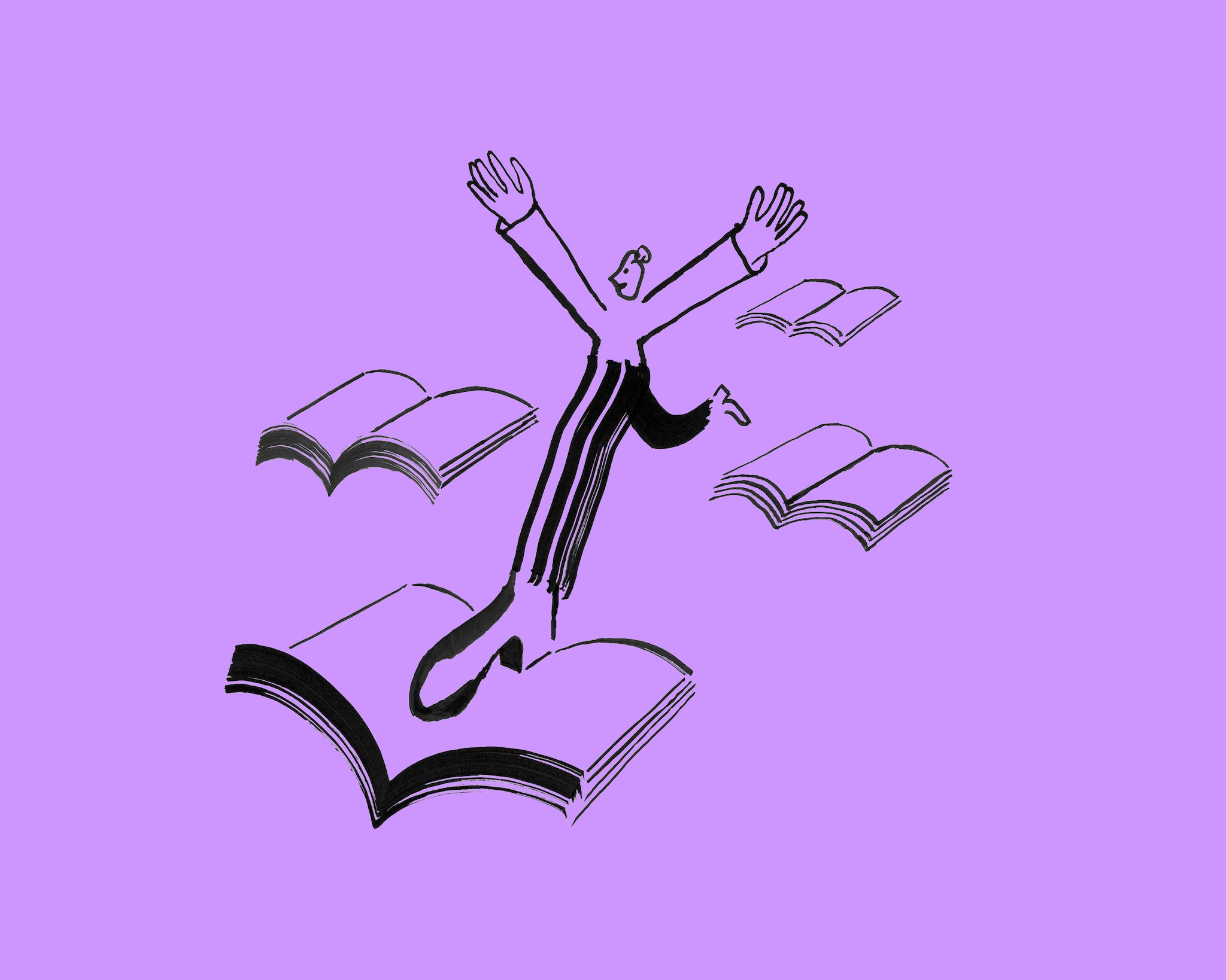 Illustration of a person jumping on books as if they were clouds.