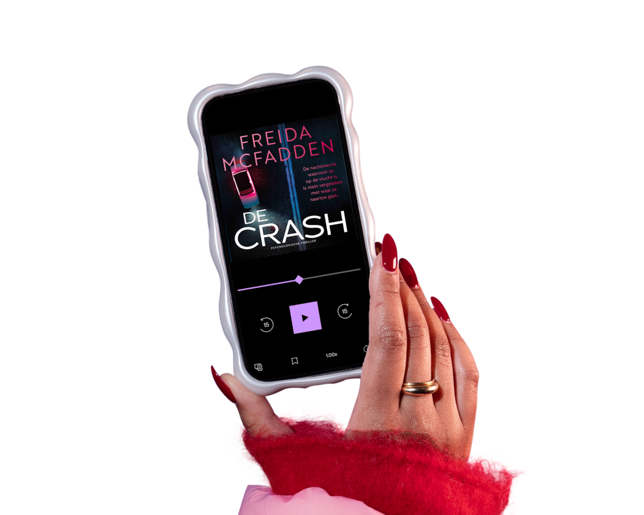 Een BookBeat-gebruiker met een telefoon waarop de BookBeat app te zien is